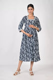 Ofably Square Neck Maternity Feeding Cotton Kurti- NavyBlue (OFMK166)