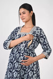 Ofably Square Neck Maternity Feeding Cotton Kurti- NavyBlue (OFMK166)