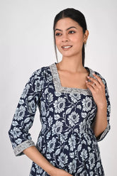 Ofably Square Neck Maternity Feeding Cotton Kurti- NavyBlue (OFMK166)