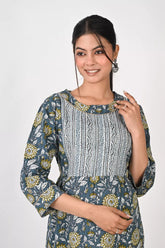 Ofably Maternity Feeding Cotton Contrast Kurti- Geryish Blue (OFMK167)
