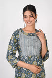 Ofably Maternity Feeding Cotton Contrast Kurti- Geryish Blue (OFMK167)
