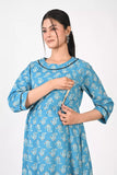 Ofably Flower Prints Maternity Cum Feeding Cotton Kurti- Sky Blue (OFMK170)