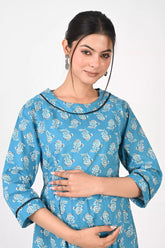 Ofably Flower Prints Maternity Cum Feeding Cotton Kurti- Sky Blue (OFMK170)