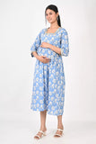 Ofably Square Neck Maternity Feeding Cotton Kurti- Light Blue (OFMK181)