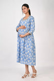 Ofably Square Neck Maternity Feeding Cotton Kurti- Light Blue (OFMK181)