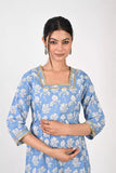 Ofably Square Neck Maternity Feeding Cotton Kurti- Light Blue (OFMK181)
