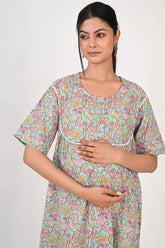 Ofably Flower Maternity Maxi Button Feeding -Light Blue (OFMX002)