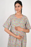 Ofably Flower Maternity Maxi Button Feeding -Light Blue (OFMX002)