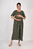 Ofably Printed Maternity Maxi Button Feeding -Dark Green (OFMX003)