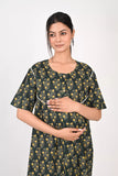 Ofably Printed Maternity Maxi Button Feeding -Dark Green (OFMX003)