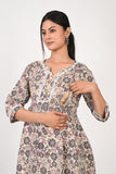 Ofably Flower Print Cotton Maternity Co-ord Set- Beige with White Lace (OFMCORD011)