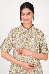 Ofably Floral Print Cotton Maternity Co-ord Set- Cream (OFMCORD12)
