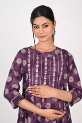 Ofably Up and Down Maternity Cum Feeding Cotton Kurti- Purple (OFMK179)