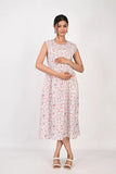 Ofably Pink and Black Flower Maternity Sleeveless Feeding Cotton Kurti- White (OFMK178)