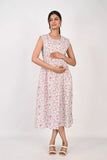 Ofably Pink and Black Flower Maternity Sleeveless Feeding Cotton Kurti- White (OFMK178)