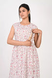 Ofably Pink and Black Flower Maternity Sleeveless Feeding Cotton Kurti- White (OFMK178)