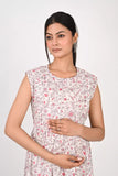 Ofably Pink and Black Flower Maternity Sleeveless Feeding Cotton Kurti- White (OFMK178)