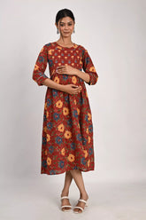 Ofably Up and Down Blue and Yellow Flower Maternity Feeding Cotton Kurti- Brown (OFMK177)
