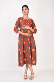Ofably Up and Down Blue and Yellow Flower Maternity Feeding Cotton Kurti- Brown (OFMK177)