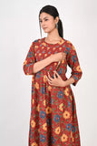 Ofably Up and Down Blue and Yellow Flower Maternity Feeding Cotton Kurti- Brown (OFMK177)