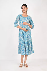 Ofably Floral Prints Maternity Feeding Cotton Kurti- Light Blue (OFMK176)