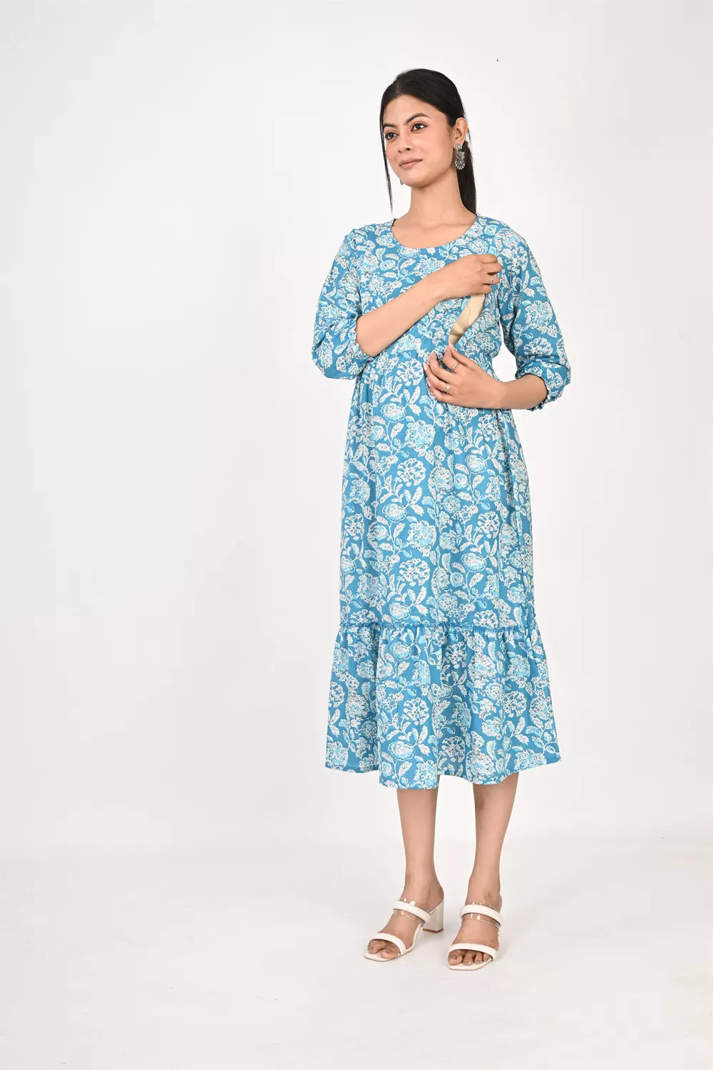 Ofably Light Blue floral print cotton maternity feeding kurti – product image