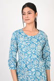 Ofably Floral Prints Maternity Feeding Cotton Kurti- Light Blue (OFMK176)