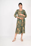 Ofably Skin Color Motif Printed Maternity Cum Feeding Cotton Kurti- Green (OFMK175)