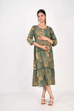 Ofably Skin Color Motif Printed Maternity Cum Feeding Cotton Kurti- Green (OFMK175)