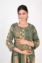 Ofably Skin Color Motif Printed Maternity Cum Feeding Cotton Kurti- Green (OFMK175)