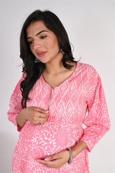 Ofably Up & Down Contrast Maternity Chain Feeding Cotton Dress - Light Pink(OFMK124)