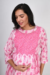Ofably Up & Down Contrast Maternity Chain Feeding Cotton Dress - Pink(OFMK135)