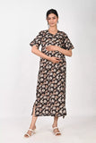 Ofably Flower Print Maternity Maxi Button Feeding -Black (OFMX012)