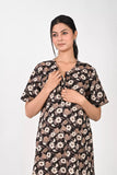Ofably Flower Print Maternity Maxi Button Feeding -Black (OFMX012)