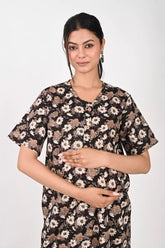 Ofably Flower Print Maternity Maxi Button Feeding -Black (OFMX012)