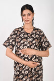 Ofably Flower Print Maternity Maxi Button Feeding -Black (OFMX012)