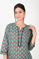 Ofably Flower Print Cotton Maternity Co-ord Set- Dark Green with Black Lace (OFMCORD14)