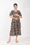 Ofably V Neck with elasticated sleeves Maternity Cum Feeding Cotton Kurti- Black (OFMK174)
