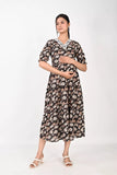 Ofably V Neck with elasticated sleeves Maternity Cum Feeding Cotton Kurti- Black (OFMK174)