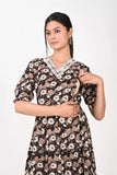 Ofably V Neck with elasticated sleeves Maternity Cum Feeding Cotton Kurti- Black (OFMK174)