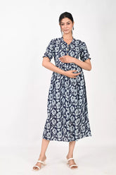 Ofably Maternity Button Feeding Elegant Cotton Dress- Navy Blue (OFMK173)