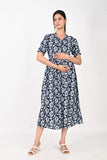 Ofably Maternity Button Feeding Elegant Cotton Dress- Navy Blue (OFMK173)