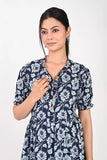 Ofably Maternity Button Feeding Elegant Cotton Dress- Navy Blue (OFMK173)
