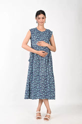 Ofably Blue and White Flower Maternity Sleeveless Feeding Cotton Kurti-Navy Blue (OFMK172)