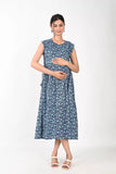 Ofably Blue and White Flower Maternity Sleeveless Feeding Cotton Kurti-Navy Blue (OFMK172)