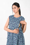 Ofably Blue and White Flower Maternity Sleeveless Feeding Cotton Kurti-Navy Blue (OFMK172)