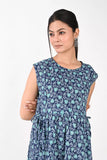 Ofably Blue and White Flower Maternity Sleeveless Feeding Cotton Kurti-Navy Blue (OFMK172)