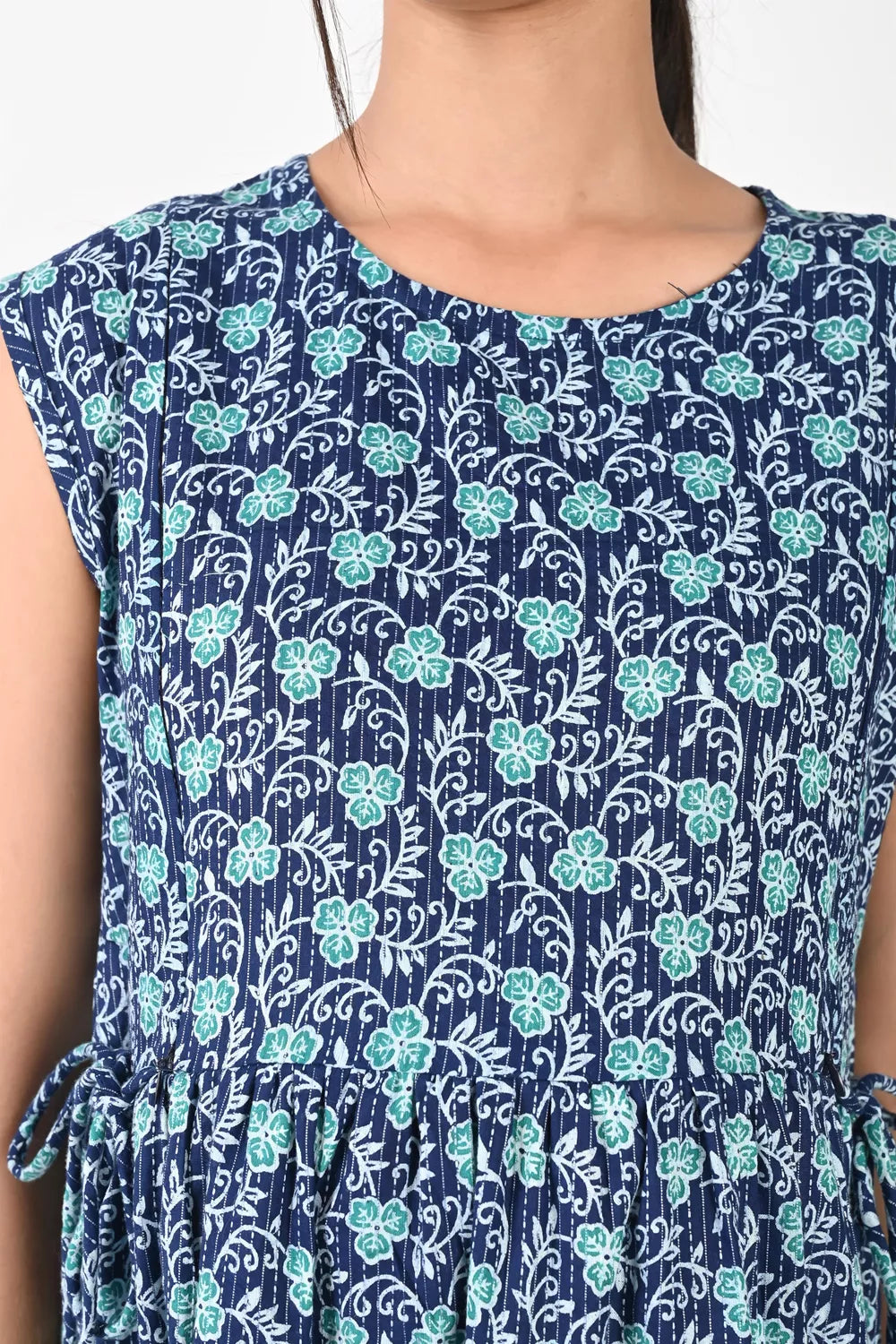 Ofably Navy Blue floral sleeveless cotton maternity feeding kurti – product image