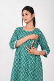 Ofably Maternity Feeding Khatta Cotton Kurti- Sea Green (OFMK169)