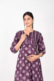 Ofably Front Chain Maternity Cum Feeding Cotton Kurti- Purple (OFMK168)